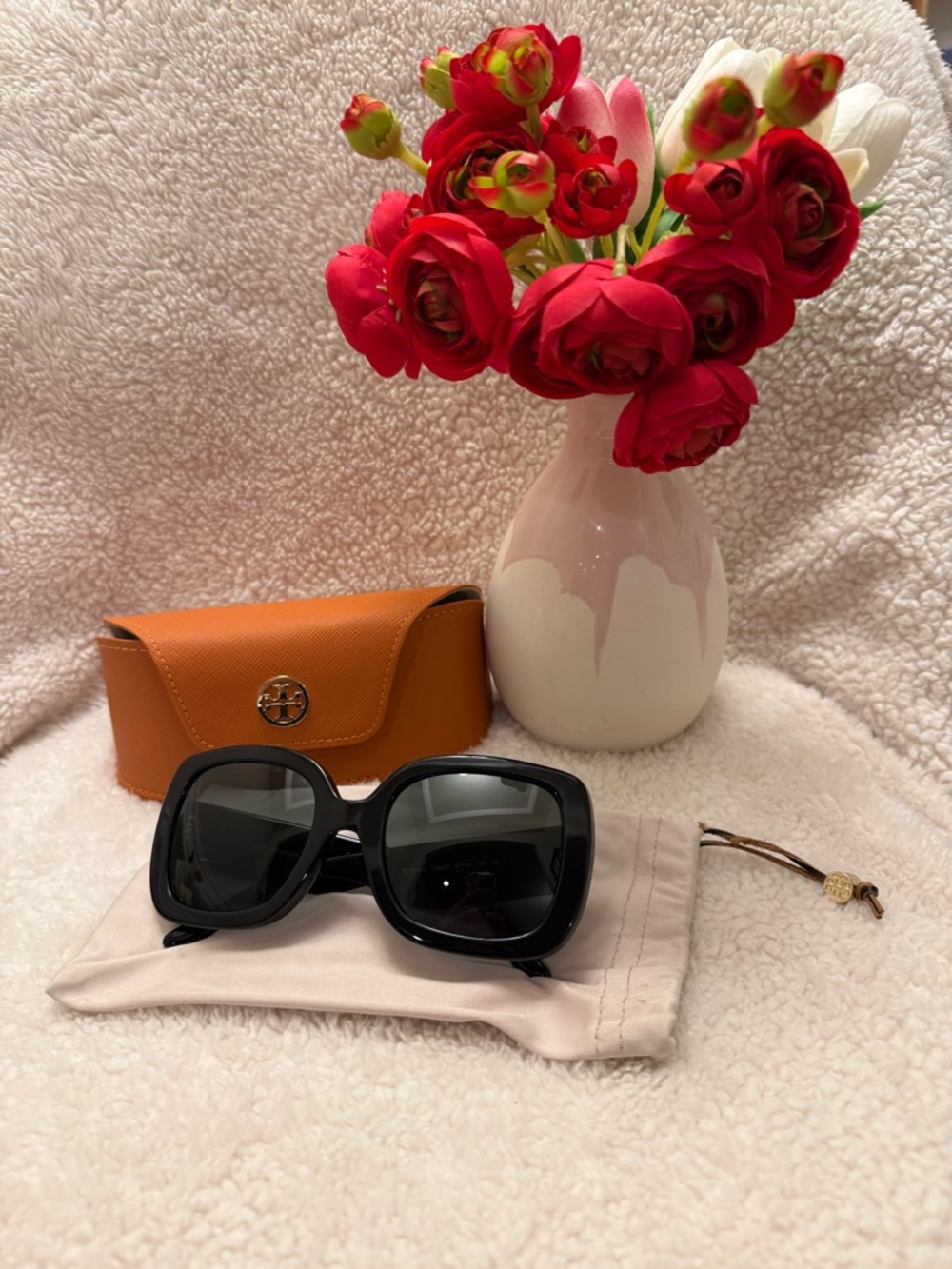 Tory Burch Black Oversized Square Sunglasses with Orange Case